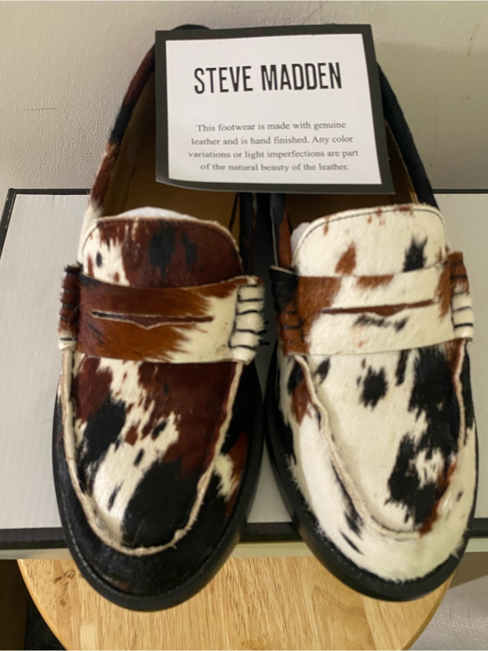 Steve Madden Tri-Color Cowhide Penny Loafers — Brown, White & Black